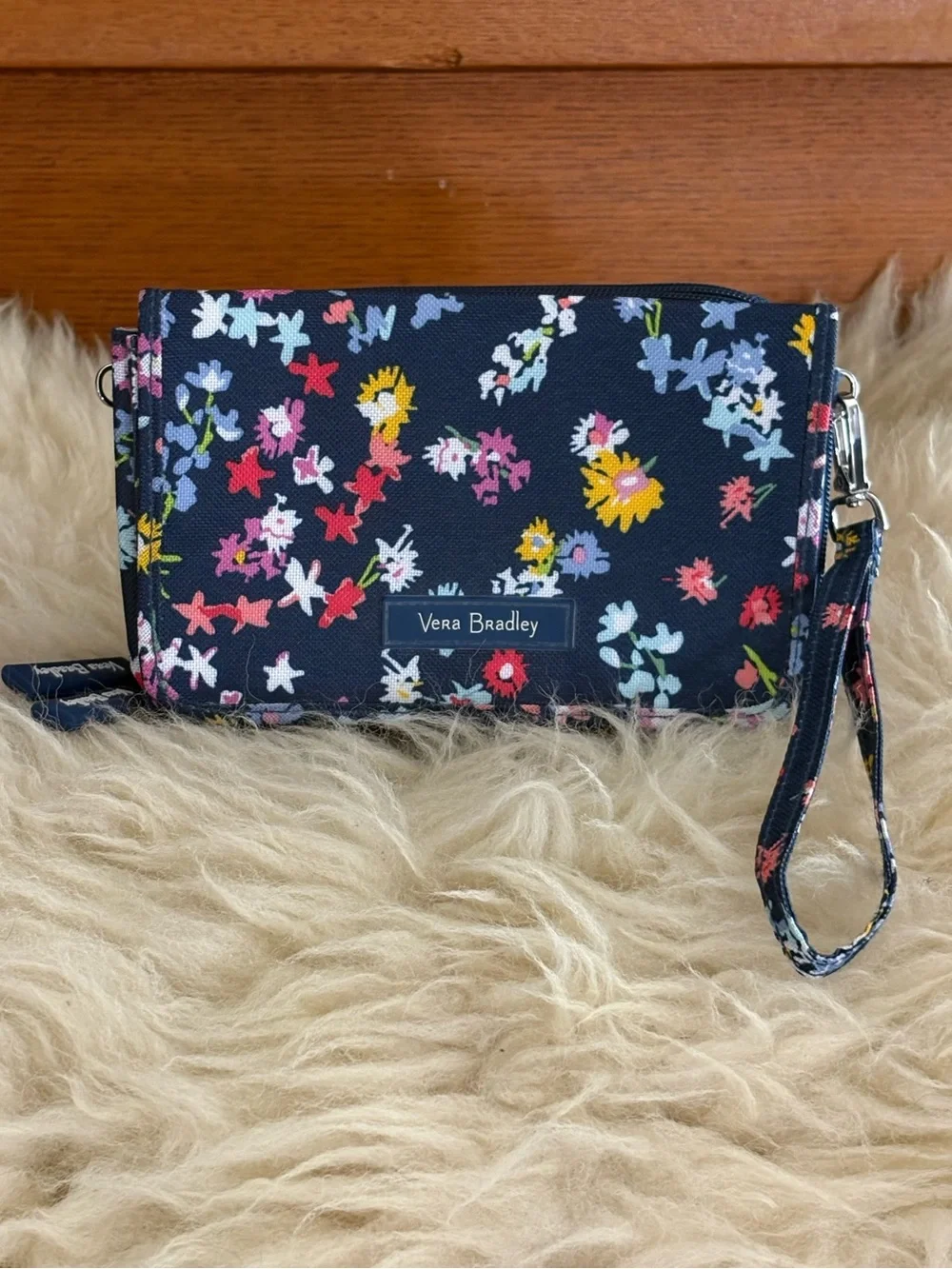 Vera Bradley ‘Scattered Wildflowers’ Navy Floral RFID Turnlock Wristlet